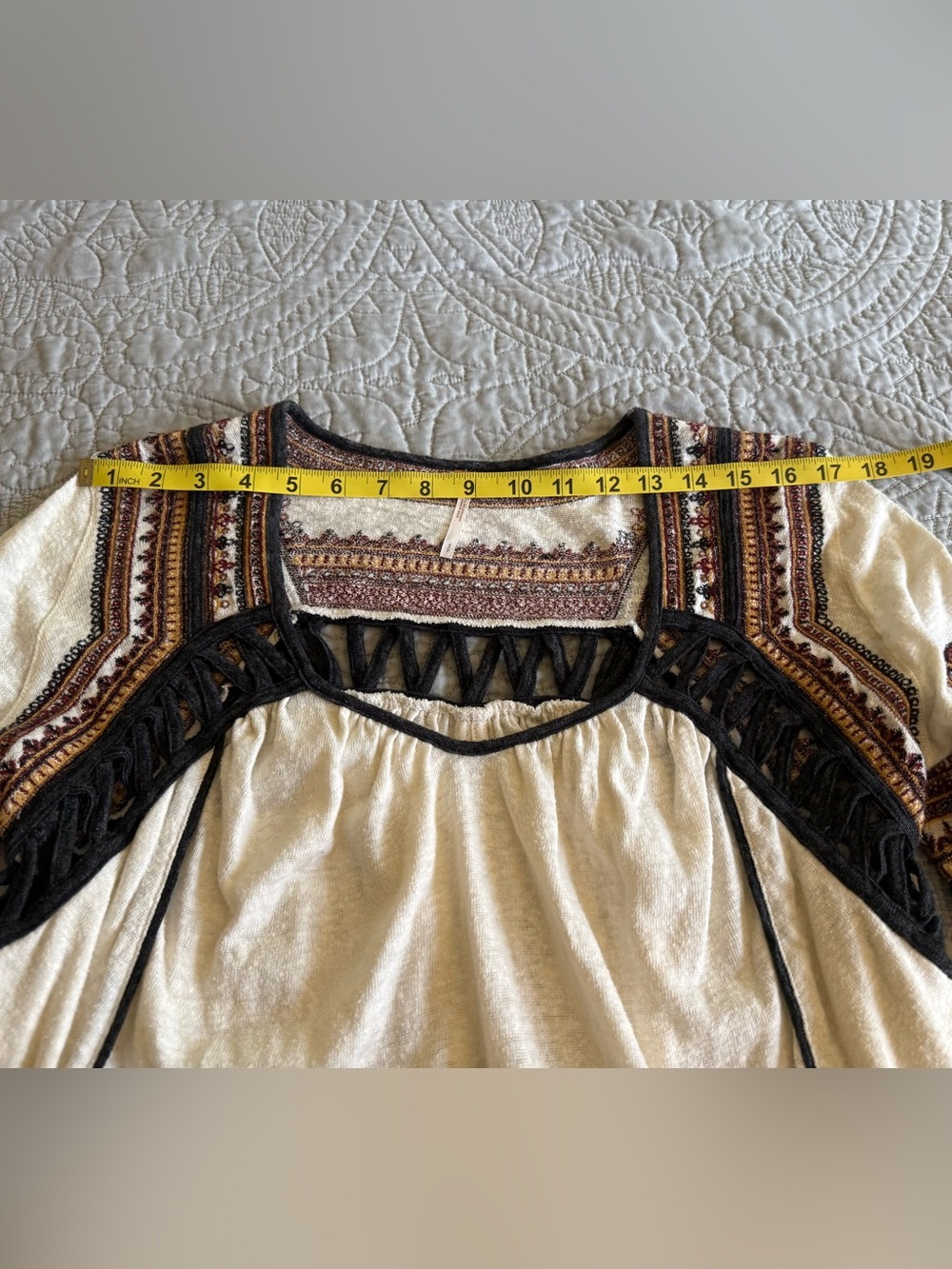 Free People Cream Snow Kisses - Boho Embroidered Tunic with Black Trim - Picture 15 of 16